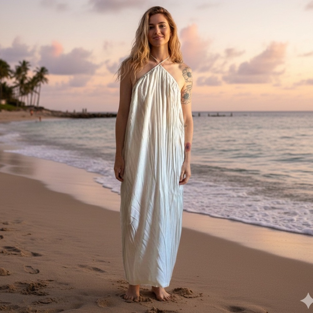 We Wore What Sz S Cream Halter Flowy Maxi Bridal Honeymoon Dress